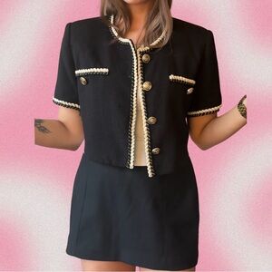 Black Cropped Tweed Jacket w/ Cream Braided Trim